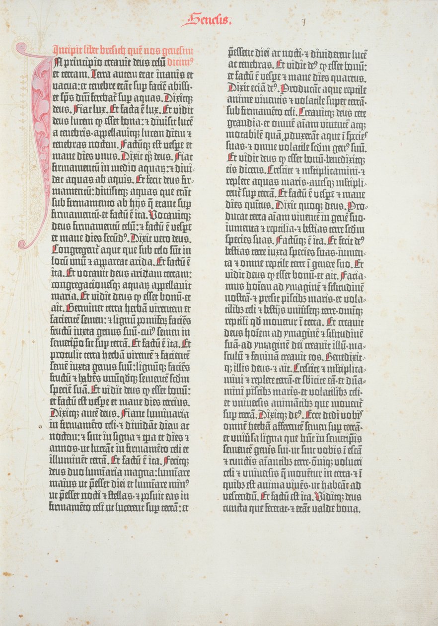 Eröffnungsseite des Buches Genesis aus der Gutenberg-Bibel, gedruckt von Johannes Gutenberg (ca. 1400-68) und Peter Schoeffer (1425-1502) in Mainz, 1454-56 (gedrucktes Papier) von German School