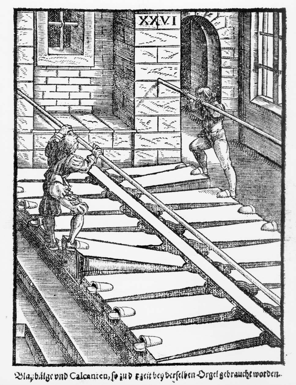Orgelbälge und Bläser im Halberstädter Dom, aus Praetorius Syntagma Musicum, veröffentlicht 1619 von German School