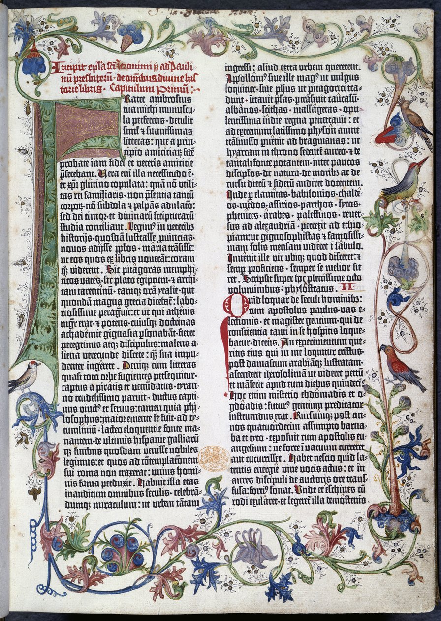 Seite aus der Gutenberg-Bibel, mit Erfurter Illumination von German School