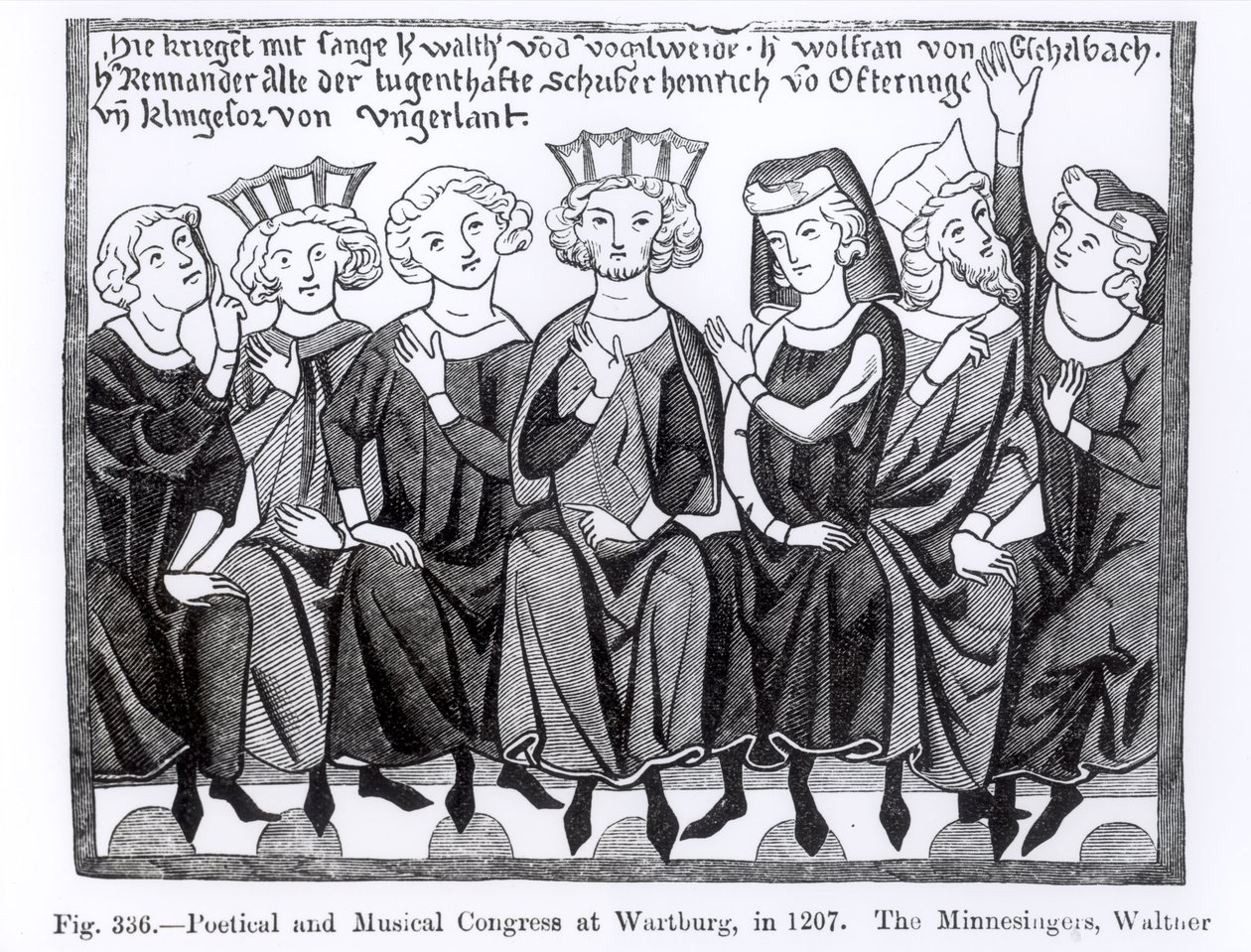 Dichter- und Musikerkongress, Wartburg, 1207, Illustration aus Wissenschaft und Literatur im Mittelalter und der Renaissance, geschrieben und graviert von Paul Lacroix, 1878 von German School