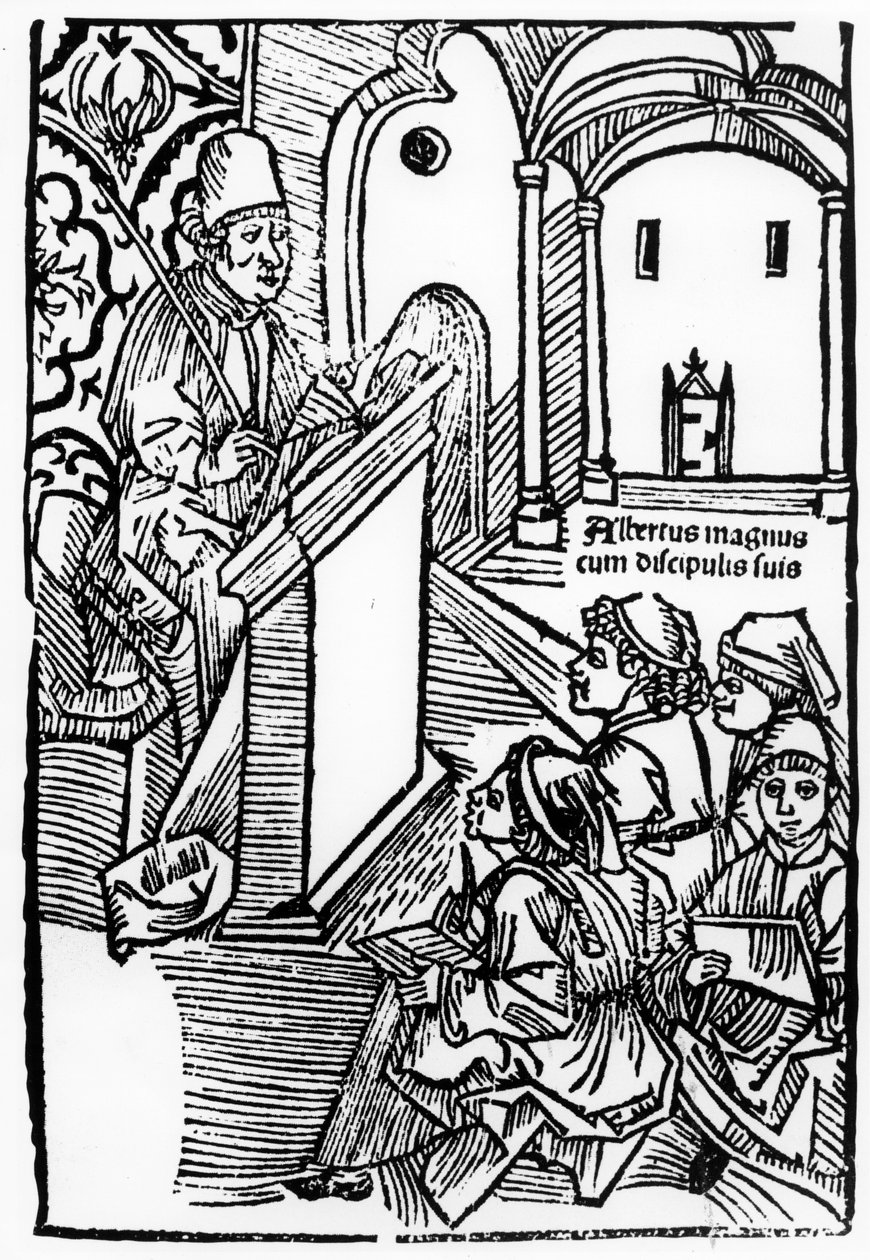 Porträt von Albertus Magnus mit einigen seiner Schüler, Illustration für die Titelseite von Epitomata, Reparaturen oder die gesamte Naturphilosophie von Aristoteles. von Gerardus de Harderwyck, veröffentlicht 14 von German School