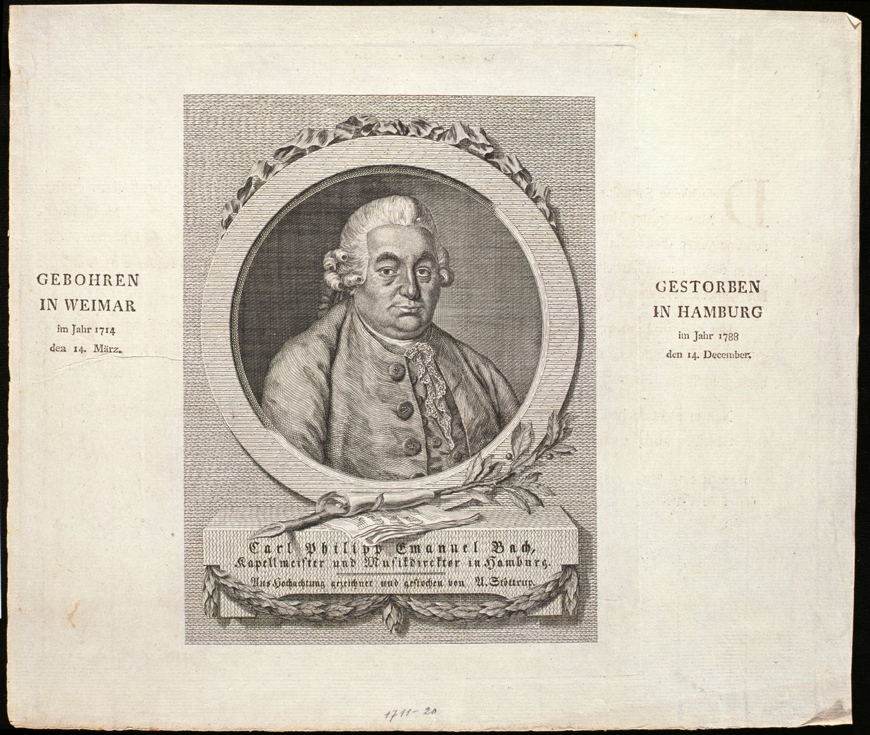Porträt von Carl Philipp Emanuel Bach (1714-88), graviert von C. D. Krohn, 1788 von German School