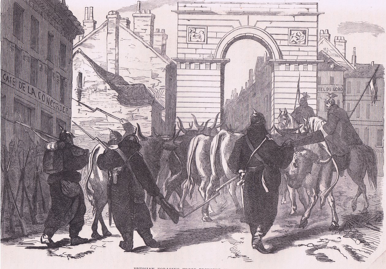 Preußische Plünderungstruppen bringen Vieh ein, Cassells Geschichte des Krieges zwischen Frankreich und Deutschland, veröffentlicht von Cassell and Company Limited, ca. 1890 (Lithografie) von German School
