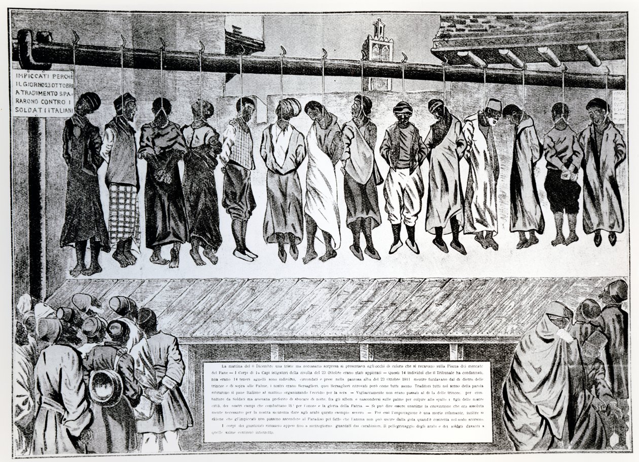 Öffentliche Hinrichtung von Bürgern von Tripolis, die sich der italienischen Invasion 1911 widersetzten, aus der Zeitschrift Simplicissimus, 1912 von German School