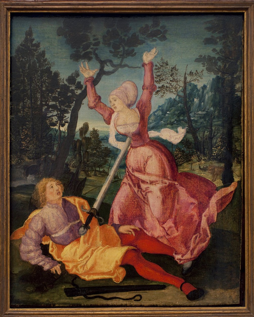 Pyramus und Thisbe. (Die beiden Babylonier liebten sich trotz des Widerstands ihrer Familien, beschlossen zusammen zu fliehen, sie treffen sich am Fuß eines Maulbeerbaums. Pyramus glaubt, dass seine Freundin von einer Löwin gefressen wurde und ersticht sic von German School