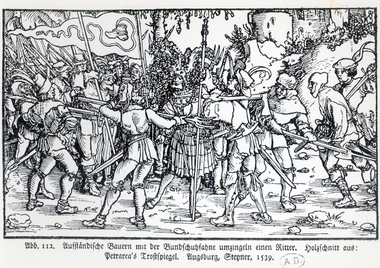 Rebellische Bauern umgeben einen Ritter, aus einer Illustration zu Trostspiegel von Petrarca, 1539 von German School