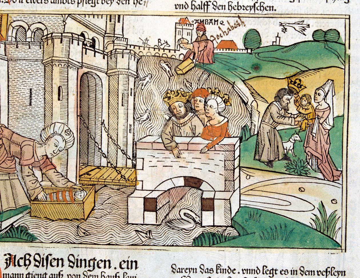 Rettung des Moses, Szene in der Nürnberger Bibel von German School