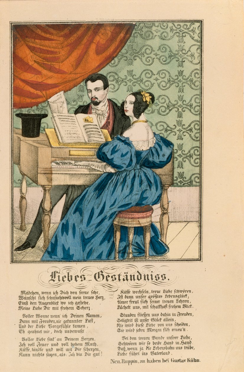 Szene zeigt ein Paar am Klavier, mit einem Liebesgedicht darunter, aus Neuruppiner Bilderbogen, 1850 von German School