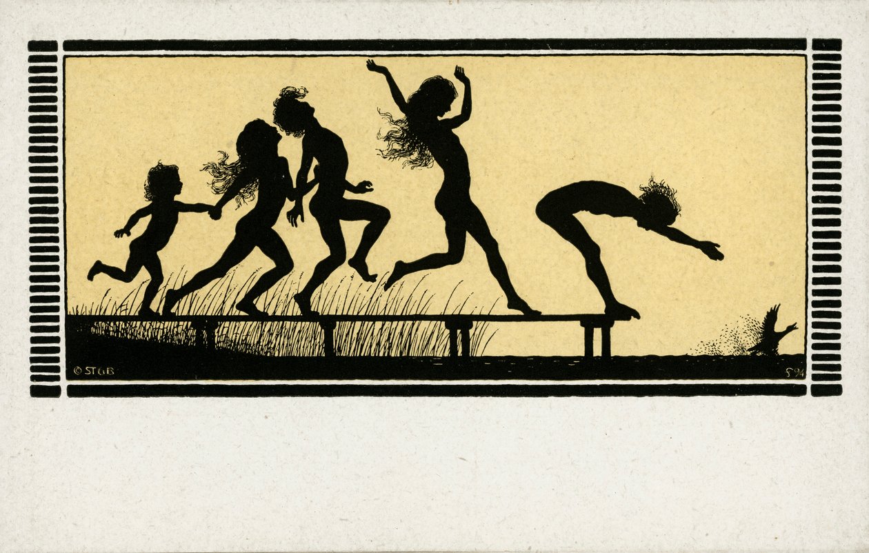 Silhouette von Kindern, die in einen See tauchen von German School