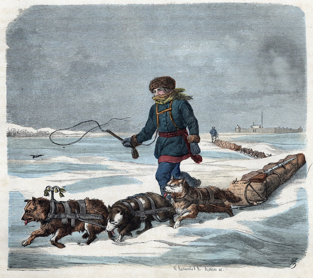 Schlittenhund im Schnee von Amerika. In „Wenn Jemand eine Reise tut, so kann er was erzählen“, deutsche Erzählung von Franz Wiedemann von German School