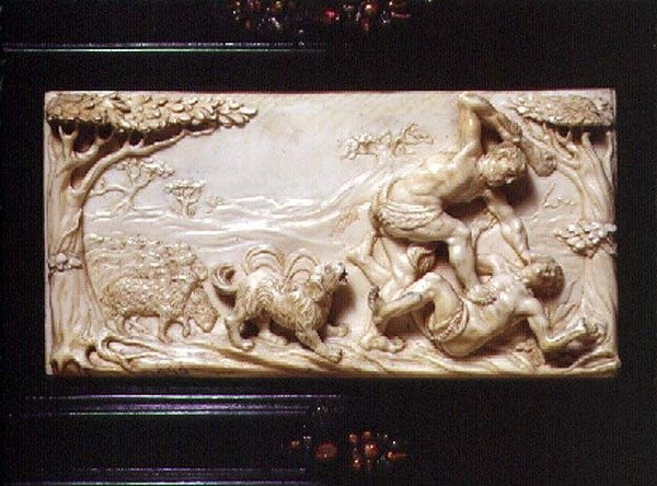 Süddeutsches Kunstkabinett, Detail der geschnitzten Tafel, die Kain und Abel darstellt, 1690 von German School