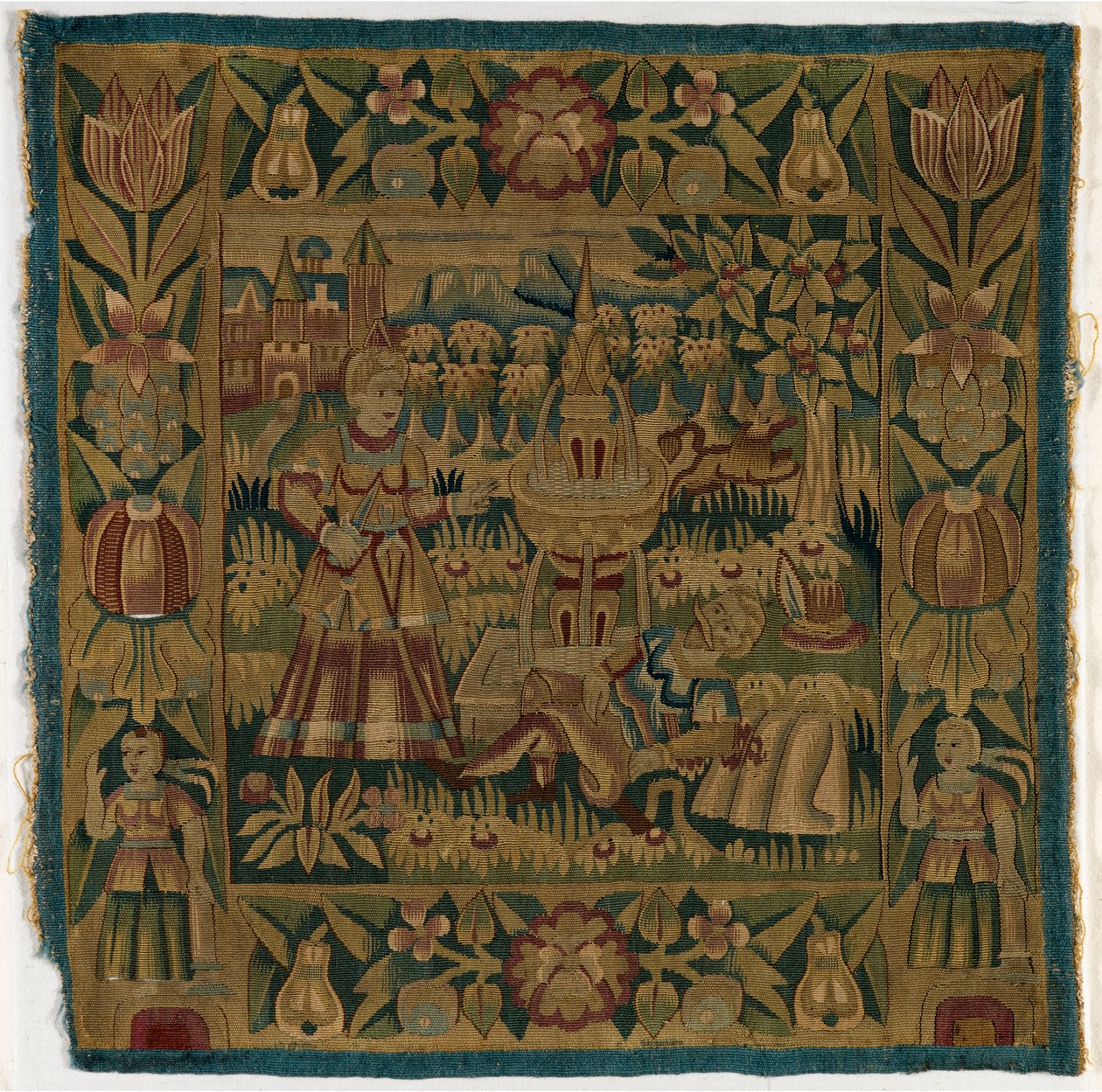 Wandteppichkissenbezug, der Pyramus und Thisbe darstellt, hergestellt in Hamburg, Deutschland, ca. 1615 von German School