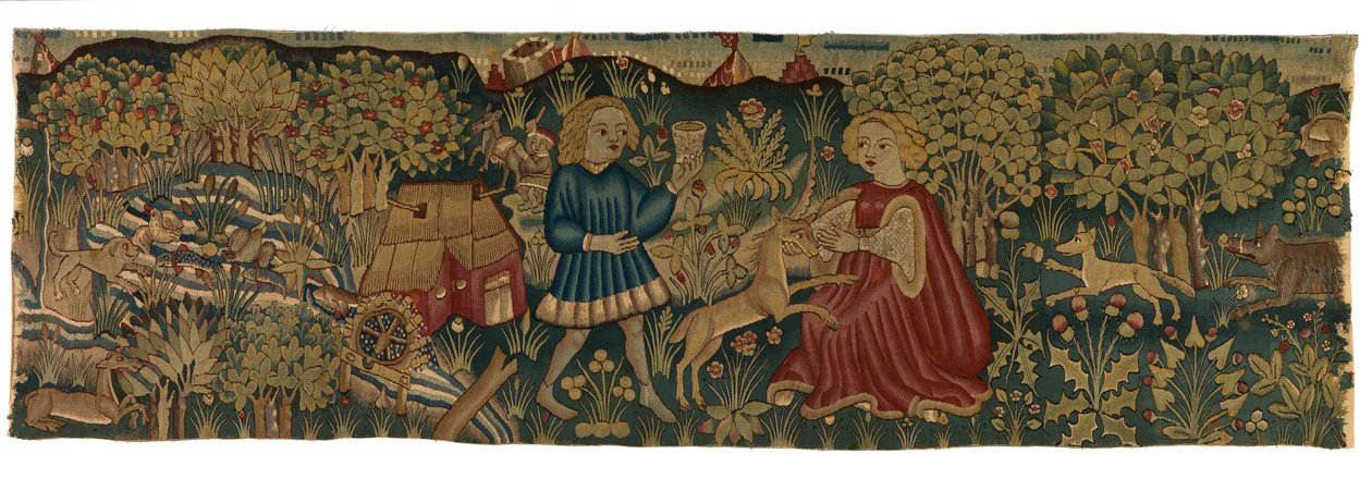 Wandteppichstreifen mit Jungfrau und Einhorn, möglicherweise aus Arras von German School