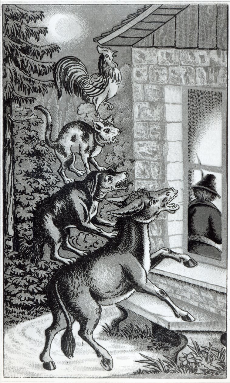 Die vier Tiere schreien am Fenster, Illustration für Die Bremer Stadtmusikanten, Märchen der Brüder Grimm von German School