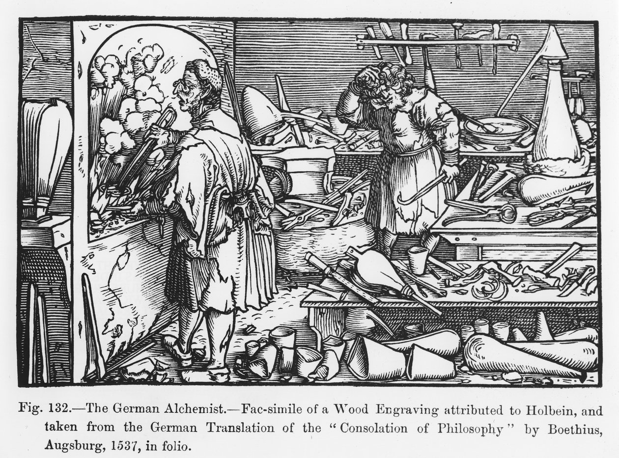 Der deutsche Alchemist, aus Trost der Philosophie von Boethius, Illustration aus Wissenschaft und Literatur im Mittelalter und in der Renaissance, geschrieben und graviert von Paul Lacroix, 1878 von German School