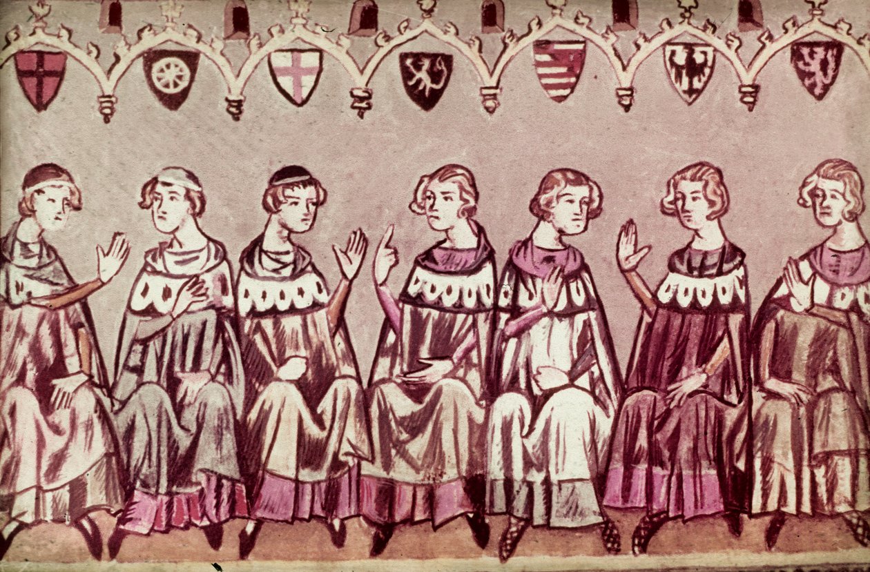 Die sieben Kurfürsten wählen Heinrich VII., Heiligen Römischen Kaiser, Illustration aus der Chronik von Heinrich VII. (Balduineum) 1341 von German School