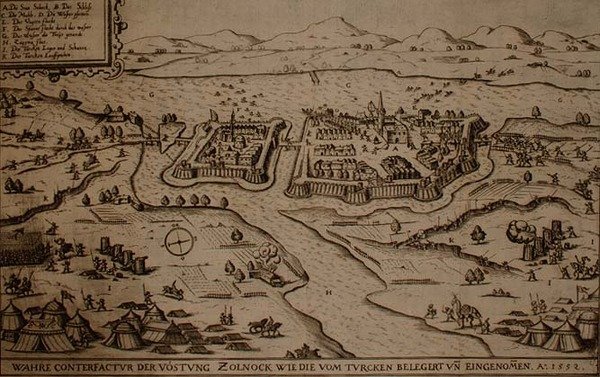 Die Belagerung von Zolnock durch die Türken 1552, Illustration aus einem Buch über die osmanischen Feldzüge in Europa, gestochen von Paul Furst von German School