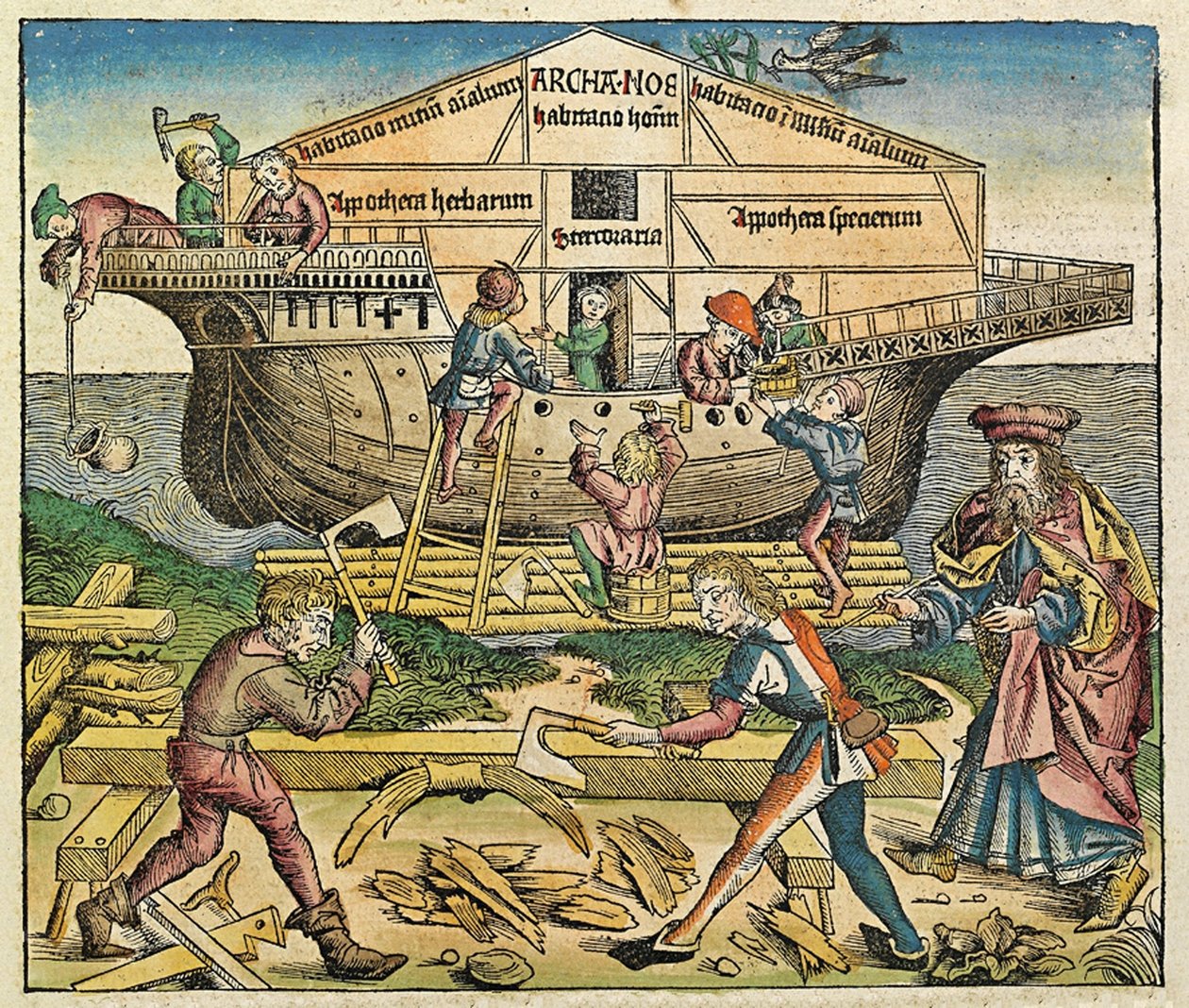 Der Bau der Arche Noah, veröffentlicht in der Nürnberger Chronik, 1493 von German School