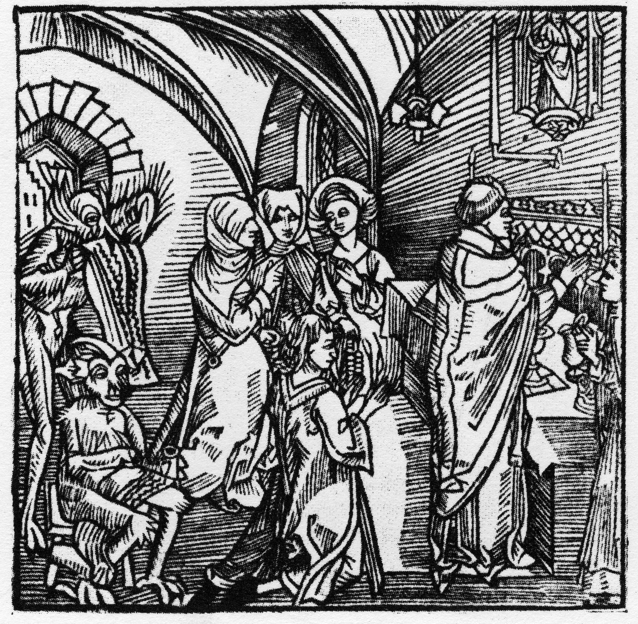 Die Teufel schreiben das Geschwätz der Händler während der Messe auf - in „Der Ritter von Turn“ von Ritter Marquard vom Stein 1498 von German School