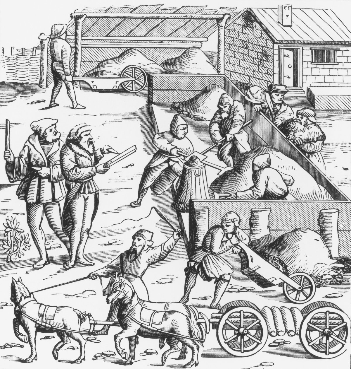 Die Metallgewinnung, nach einem Holzschnitt in Cosmographie Universelle von Munster, veröffentlicht 1552 von German School