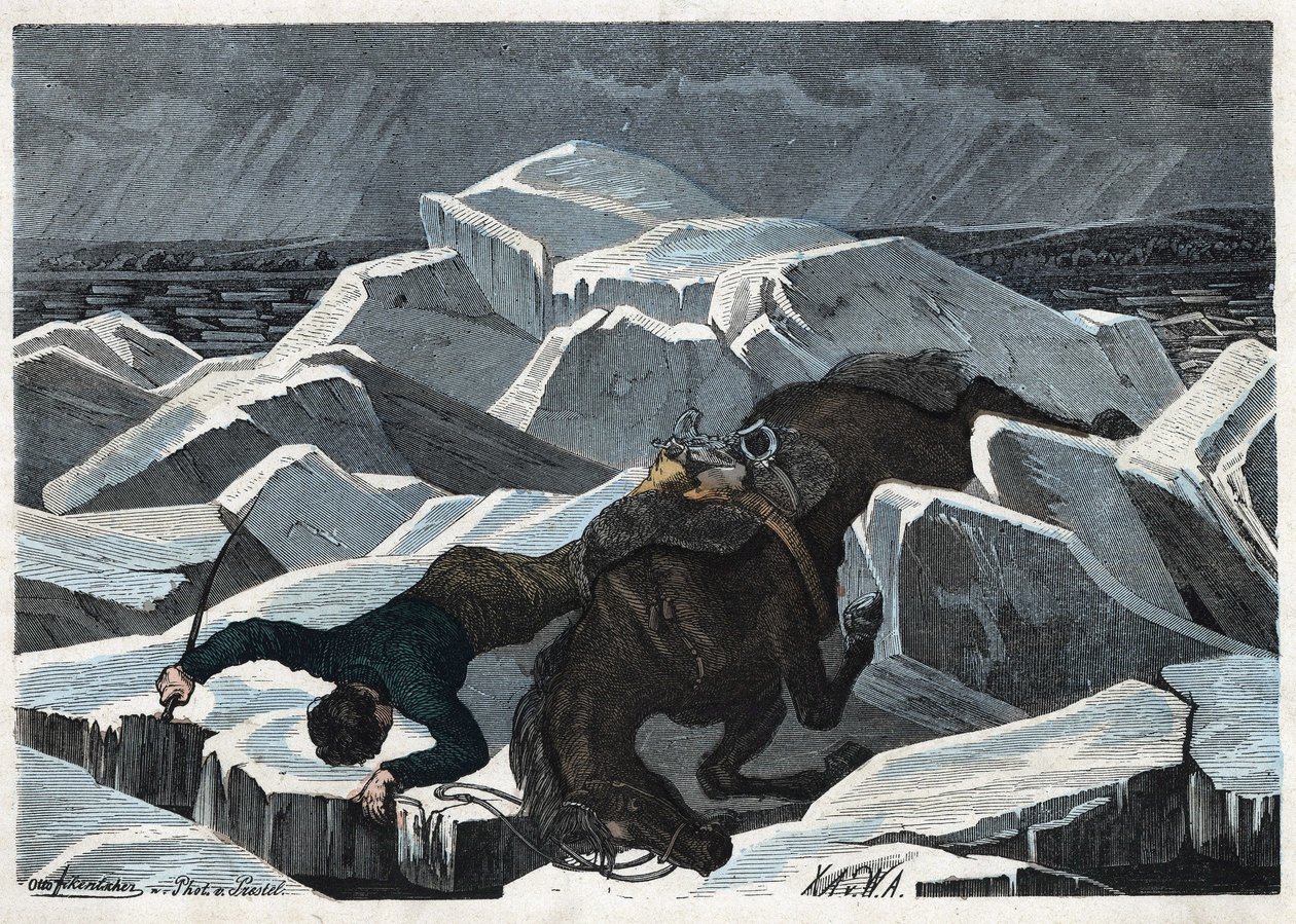Der Sturz von Graf Sandor und seinem Pferd auf dem gebrochenen Eis der Donau. In „Wenn Jemand eine Reise tut, so kann er was erzählen“, deutsche Erzählung von Franz Wiedemann von German School