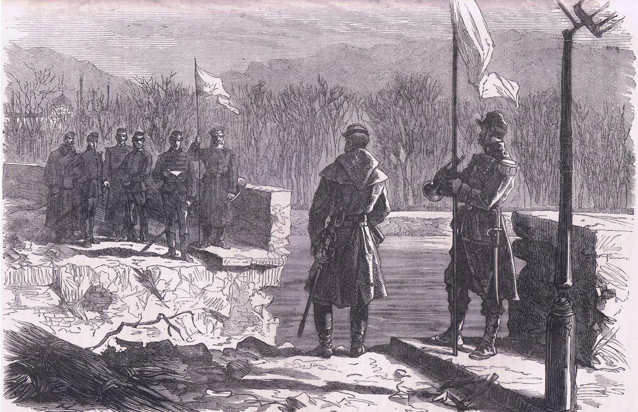 Die Friedensverhandlungen - ein Treffen an der Brücke von Sèvres, Cassells Geschichte des Krieges zwischen Frankreich und Deutschland, veröffentlicht von Cassell and Company Limited, ca. 1890 (Lithografie) von German School