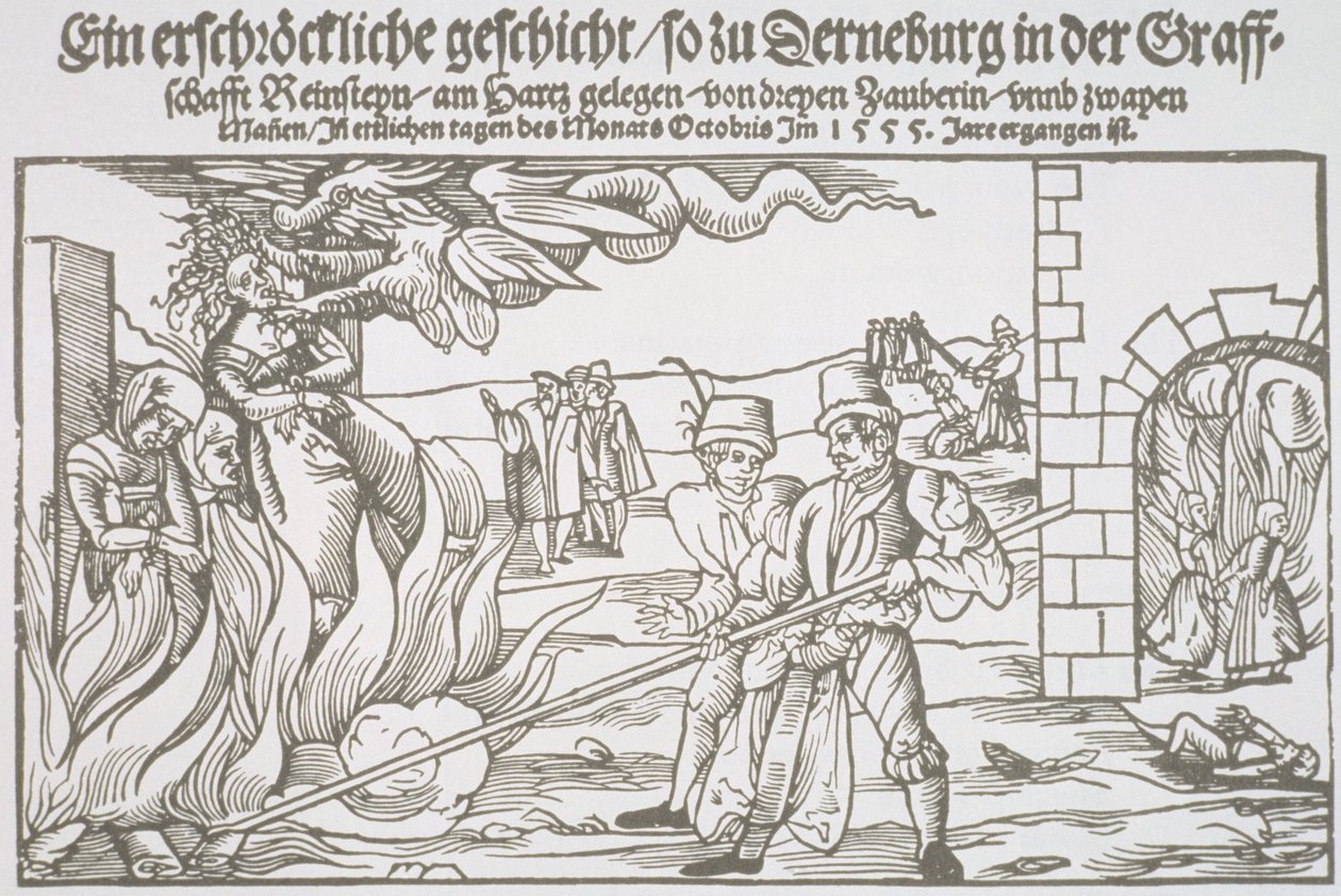 Drei Hexen lebendig verbrannt, Flugblatt-Illustration von German School