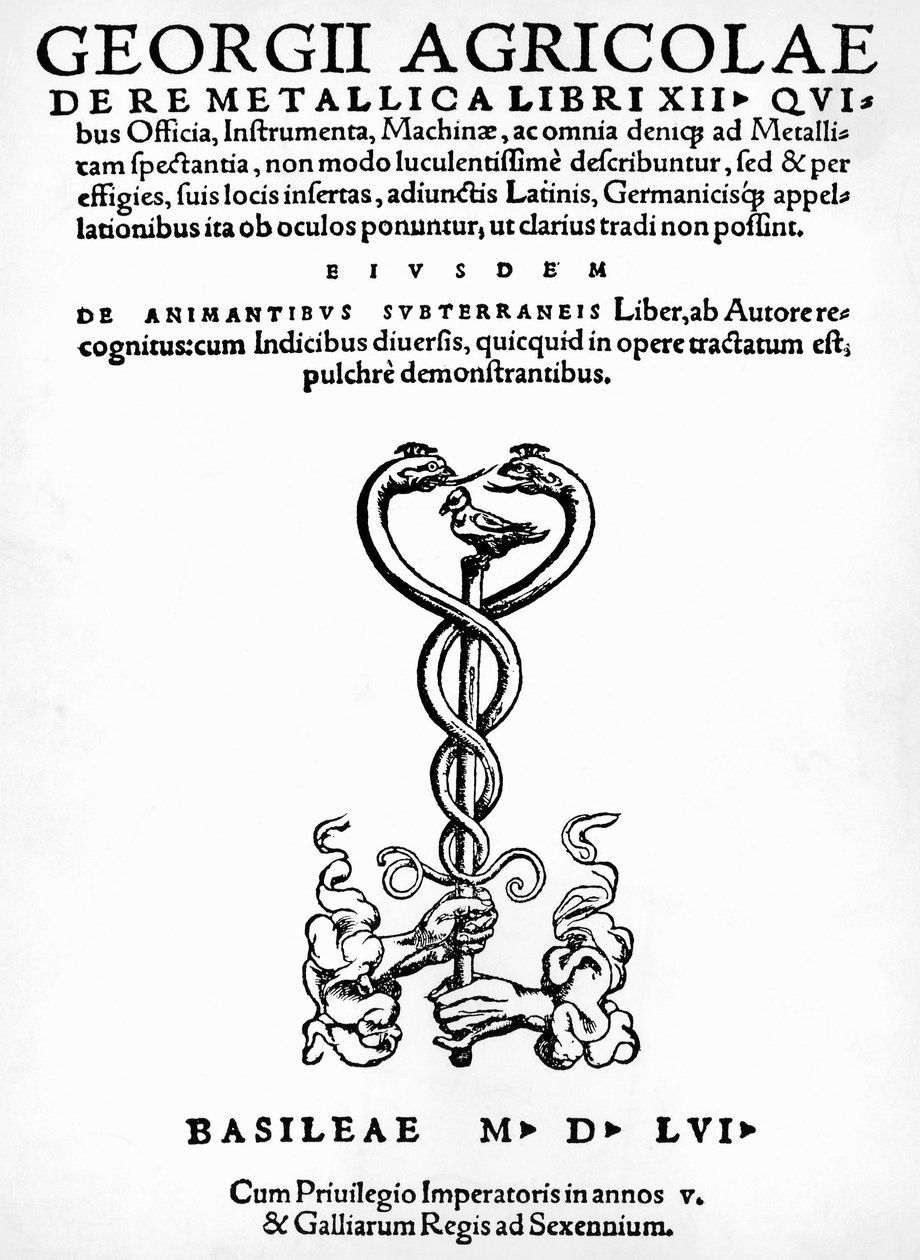 Titelseite von De re metallica (Über die Natur der Metalle), von Georg Pawer oder Georgius Agricola, veröffentlicht in Basel von German School