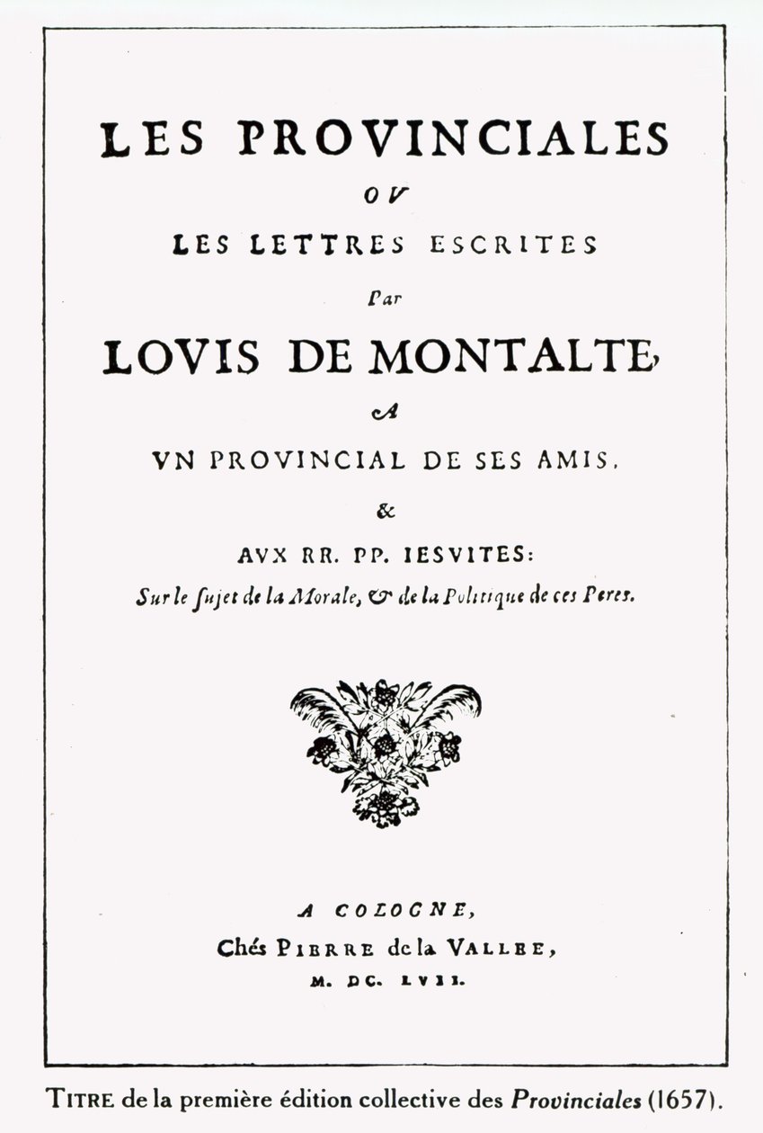 Titelseite von Les Provinciales von Blaise Pascal, Amsterdam, 1657 von German School