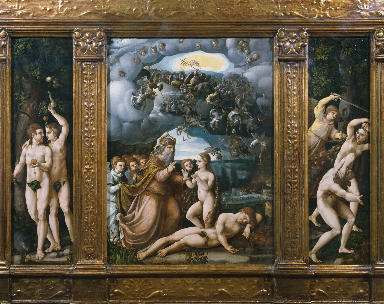 Triptychon der Schöpfung, Adam und Eva, Erschaffung Evas, Vertreibung aus dem Paradies von German School