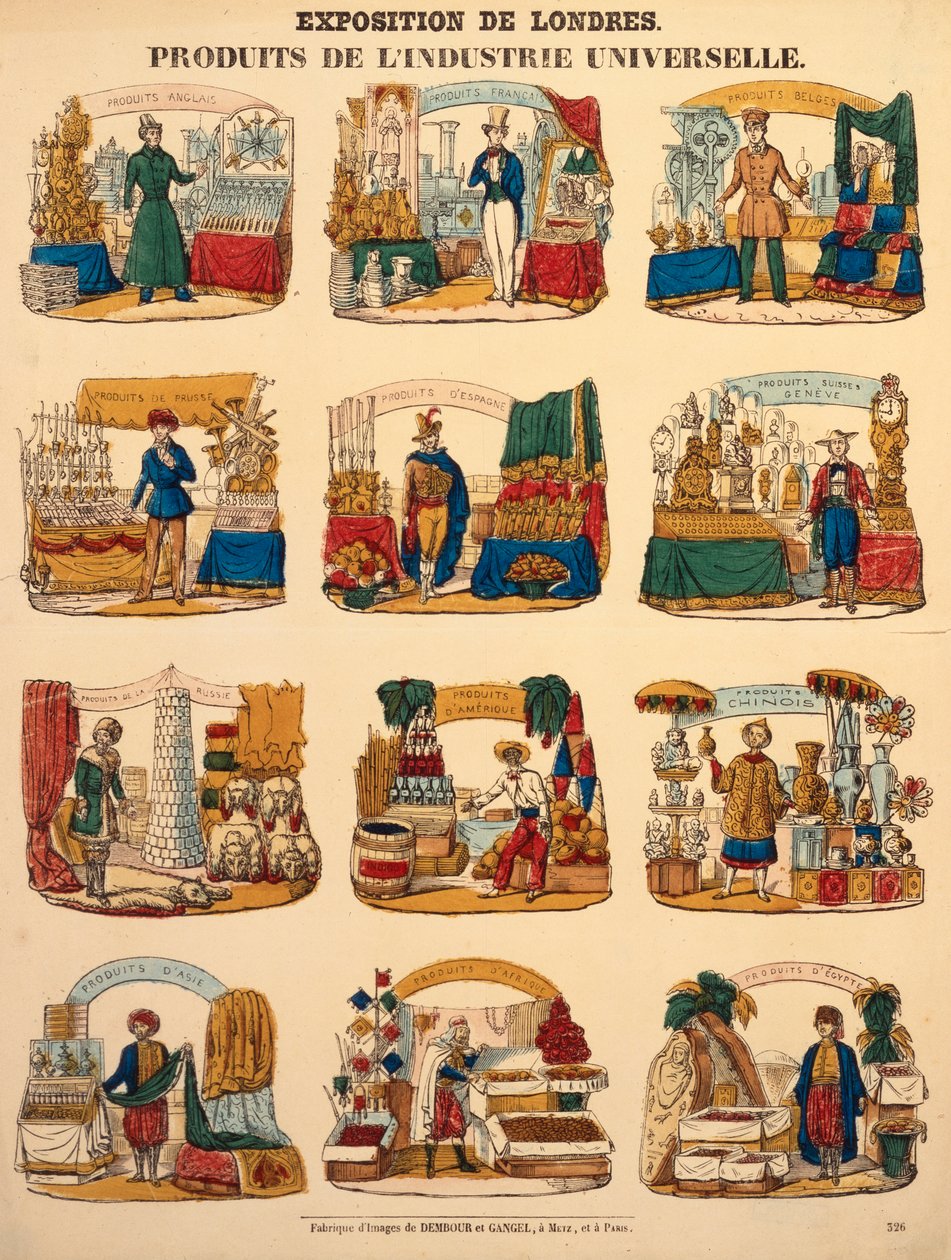 Zwölf Ausstellungstände verschiedener Nationen auf der Großen Ausstellung in London, veröffentlicht von Dambour & Gangel, Metz, 1851 von German School