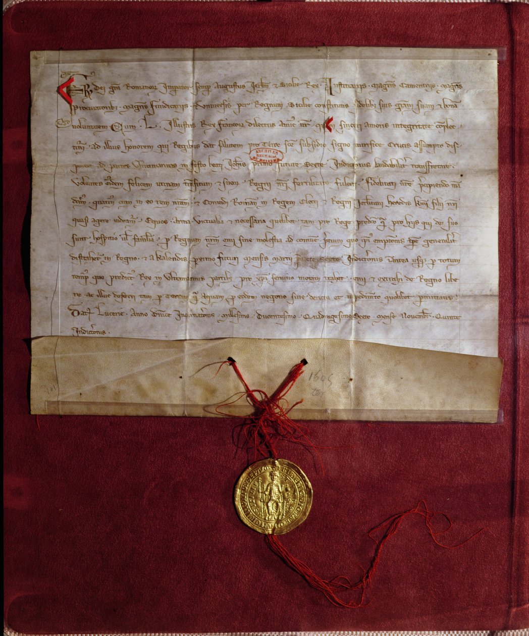 Verpflichtung des Kaisers Friedrich II. (1194-1250), König Ludwig IX. (1214-70) für den Siebten Kreuzzug 1246 mit Pferden, Waffen und Proviant zu versorgen von German School
