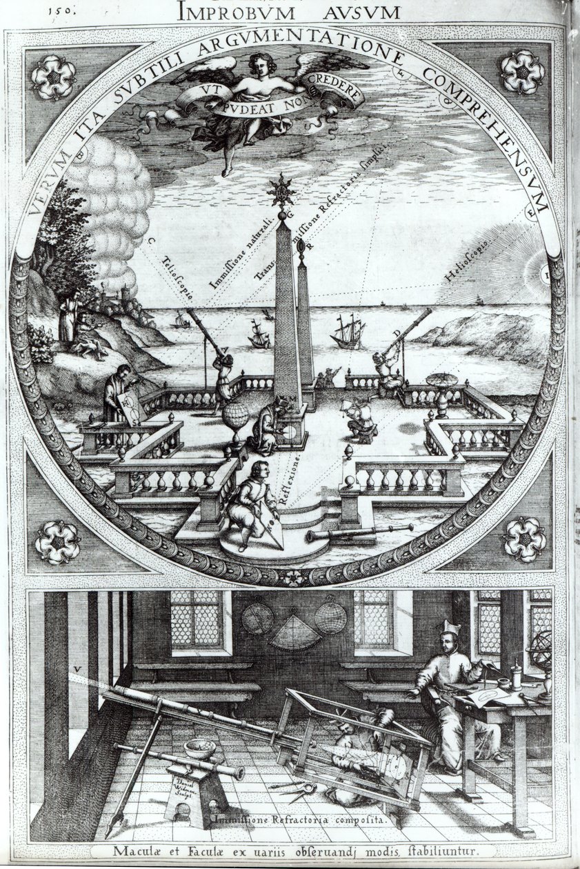 Verschiedene Methoden zur Beobachtung von Sonnenflecken, Illustration aus Rosa Orsina von Christoph Scheiner, veröffentlicht 1630 von German School