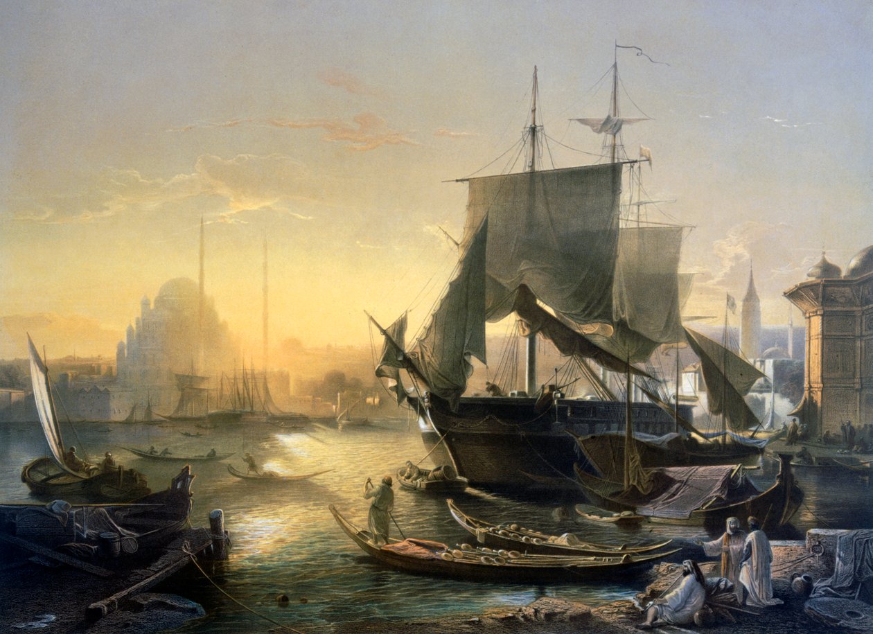 Ansicht von Schiffen auf dem Bosporus bei Sonnenuntergang von German School