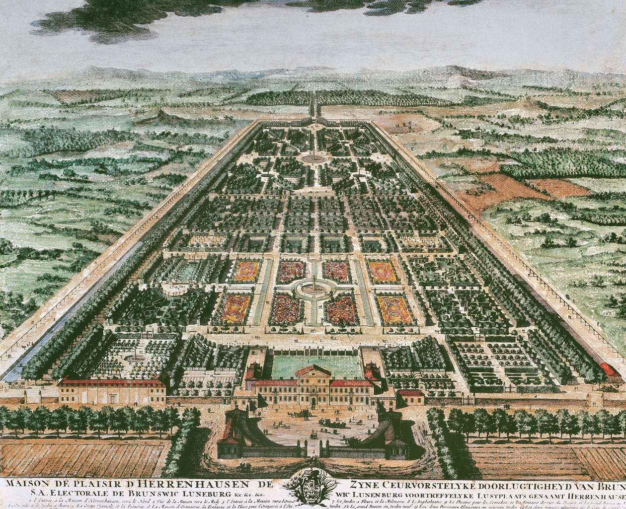 Ansicht des Gartens des Schlosses Herrenhausen, um 1708, Farbdruck, Deutschland von German School