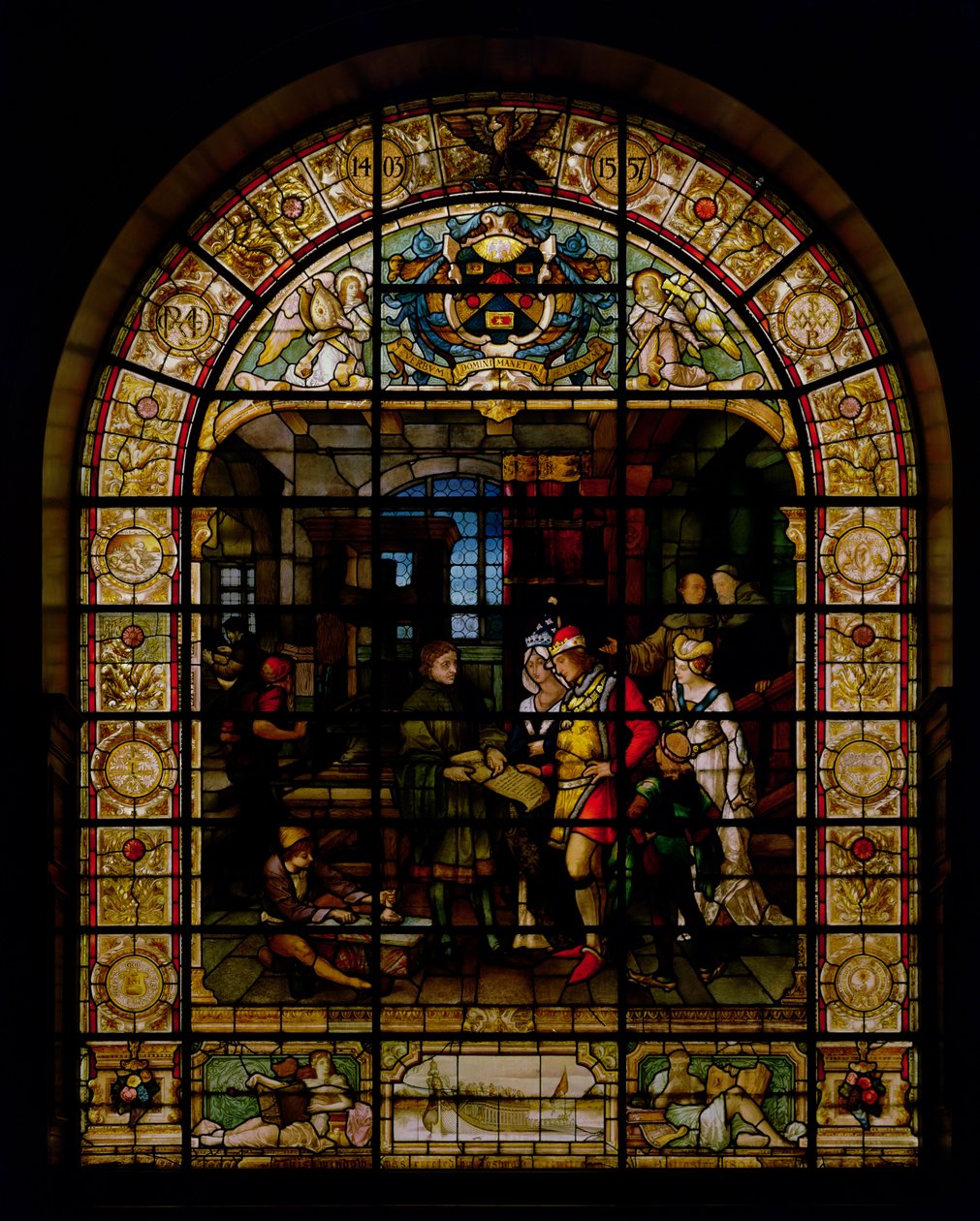 William Caxton zeigt sein erstes gedrucktes Buch Edward IV. und seiner Frau, Elizabeth Woodville im Jahr 1477, von Mayer und Co., Münchner Firma aktiv in London, ca. 1880 von German School