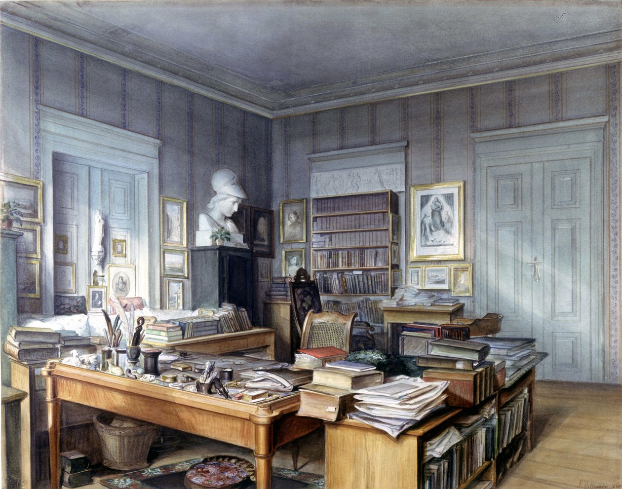 Arbeitszimmer von Wilhelm Grimm (1786 -1859) in Berlin, Linkstraße 7. Gravur von Herrn Hoffmann. Nationalmuseum, Nürnberg. 1860 von German School