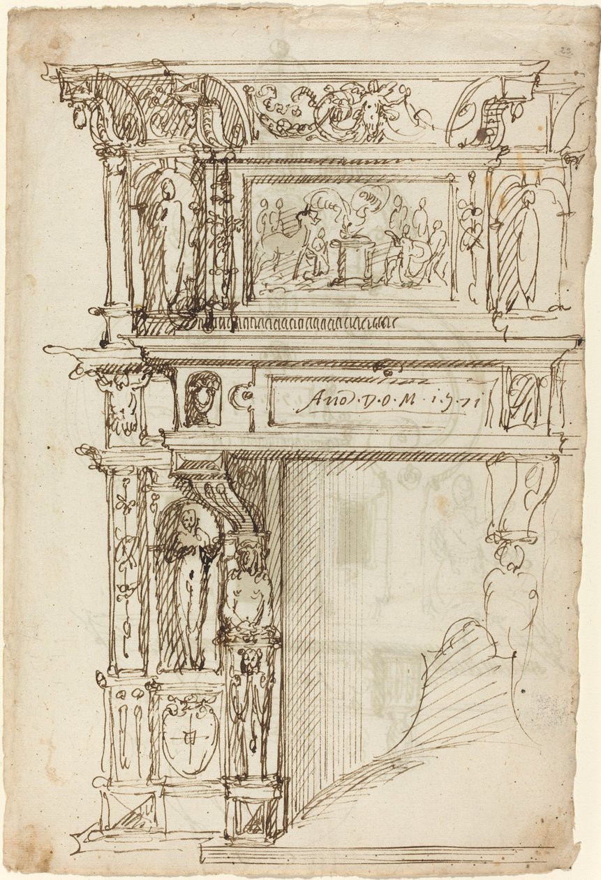 Prunkvoller Kamin mit einer Szene des antiken Opfers von German or Austrian 16th Century