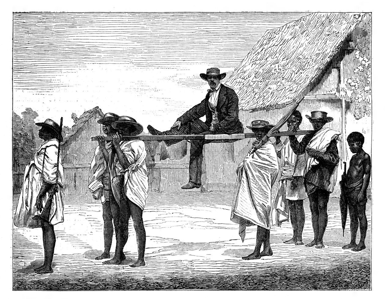Afrikanische Eingeborene tragen einen weißen Mann, Afrika, 19. Jahrhundert von Gerome Staal