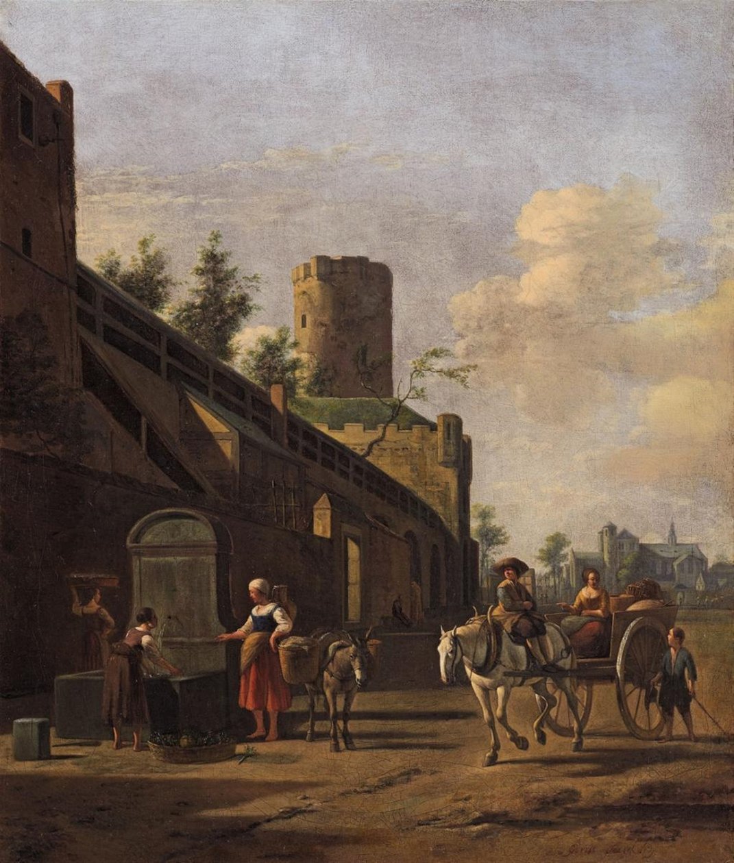 Stadtmauer von Köln mit Bauern und Reisenden in der Nähe, die Kirche St. Pantaleon im Hintergrund von Gerrit Adriaenszoon Berckheyde