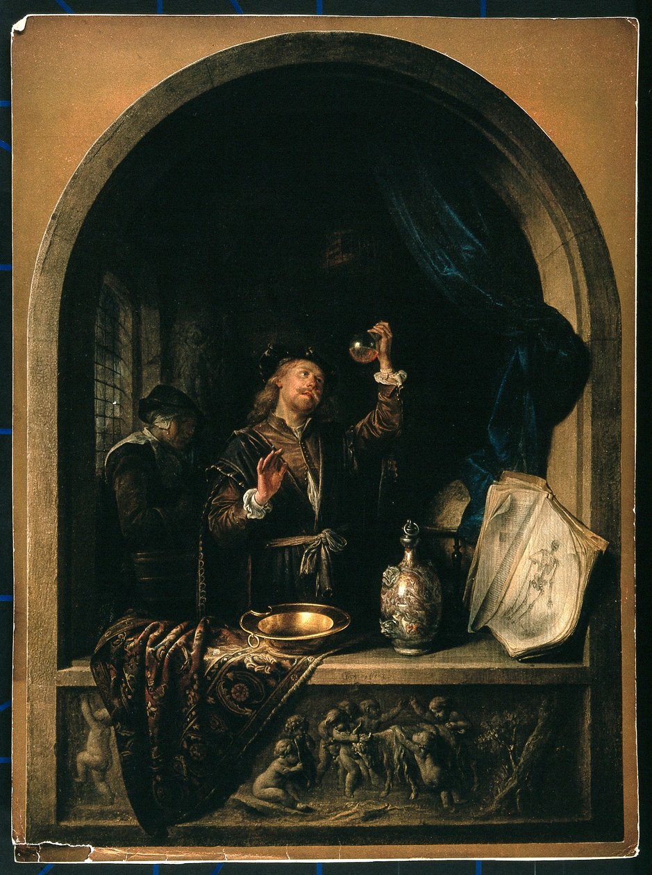 Ein Arzt, der eine Urinprobe einer älteren Frau untersucht von Gerrit Dou