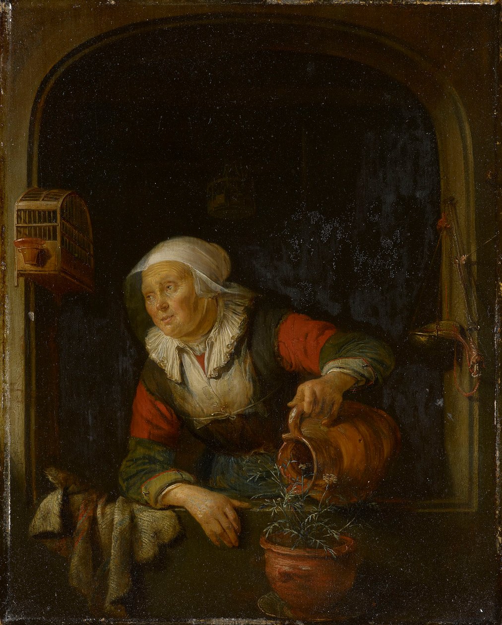 Eine alte Frau gießt einen Topf Nelken von Gerrit Dou