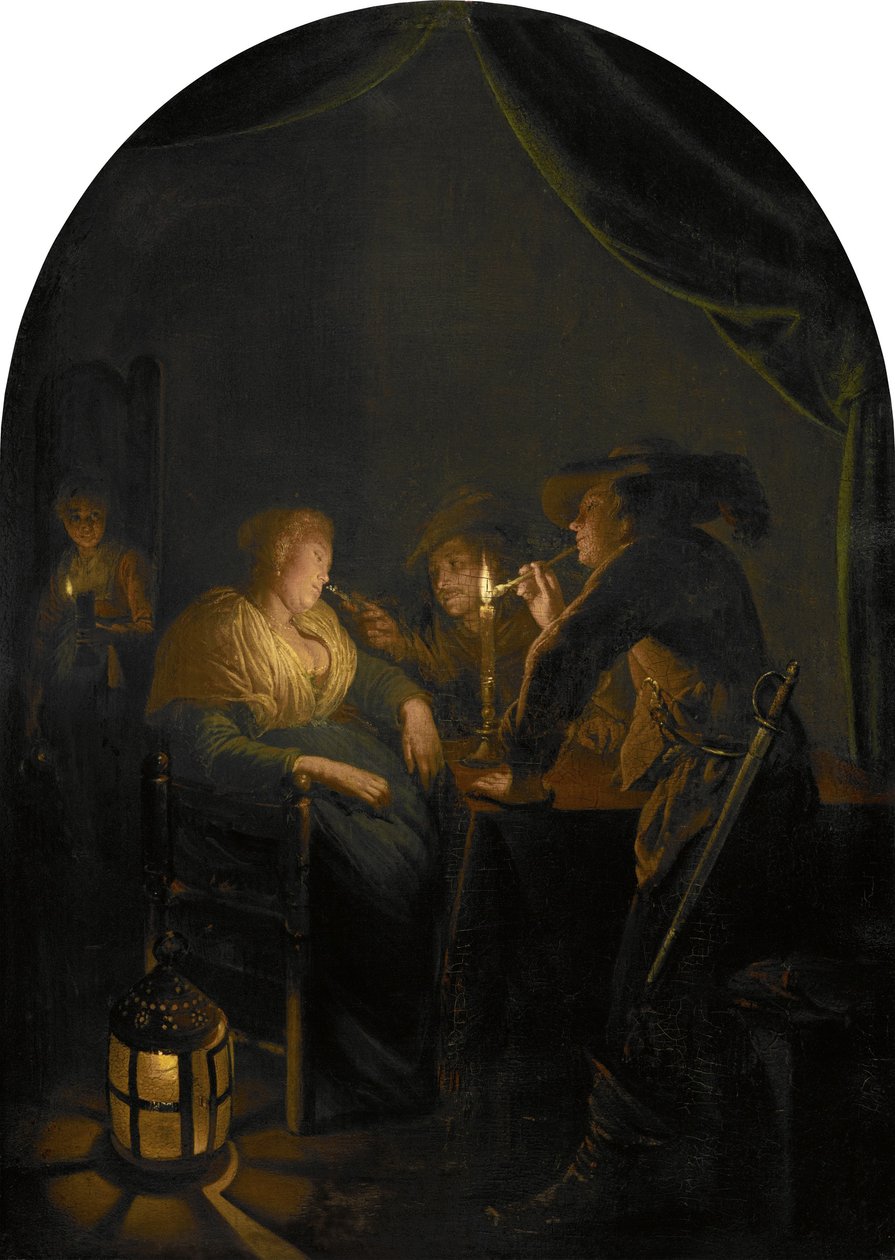 Schlafende Frau, die von zwei Soldaten geneckt wird von Gerrit Dou