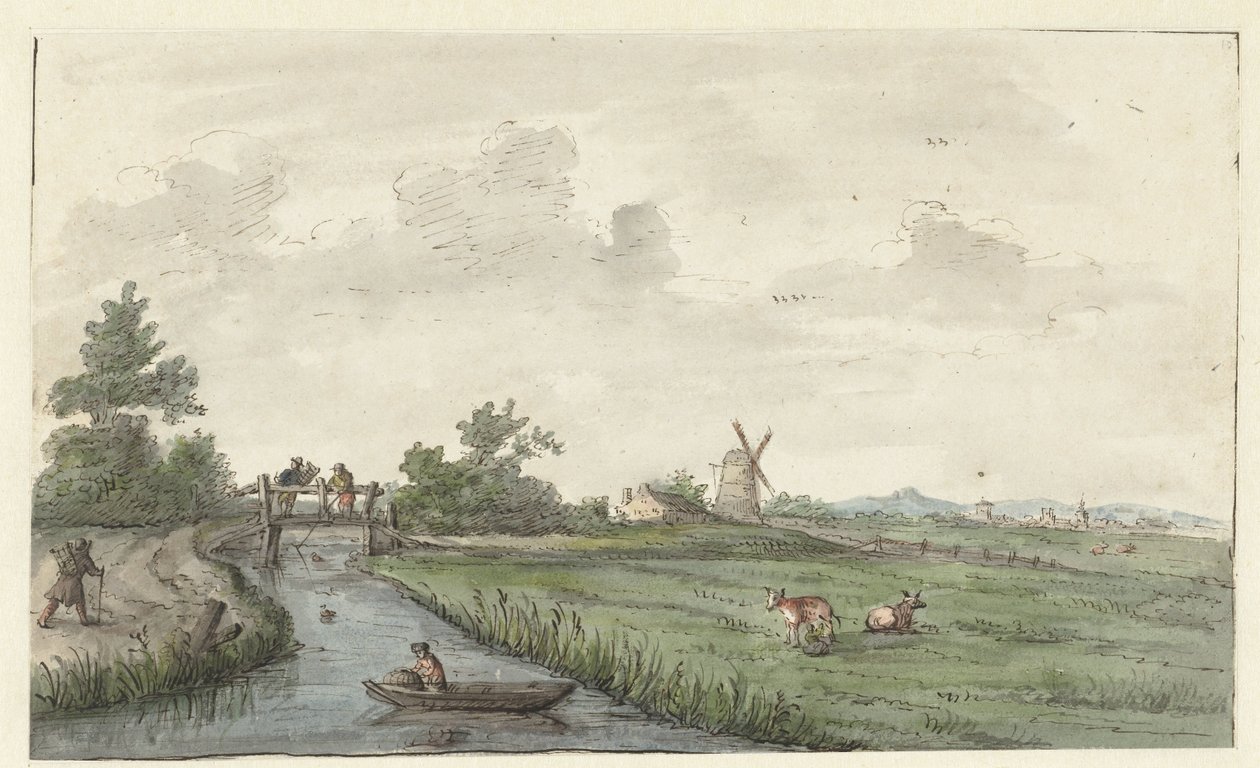Landschaft mit einem Graben und einem Feldweg von Gerrit Grasdorp (possibly)
