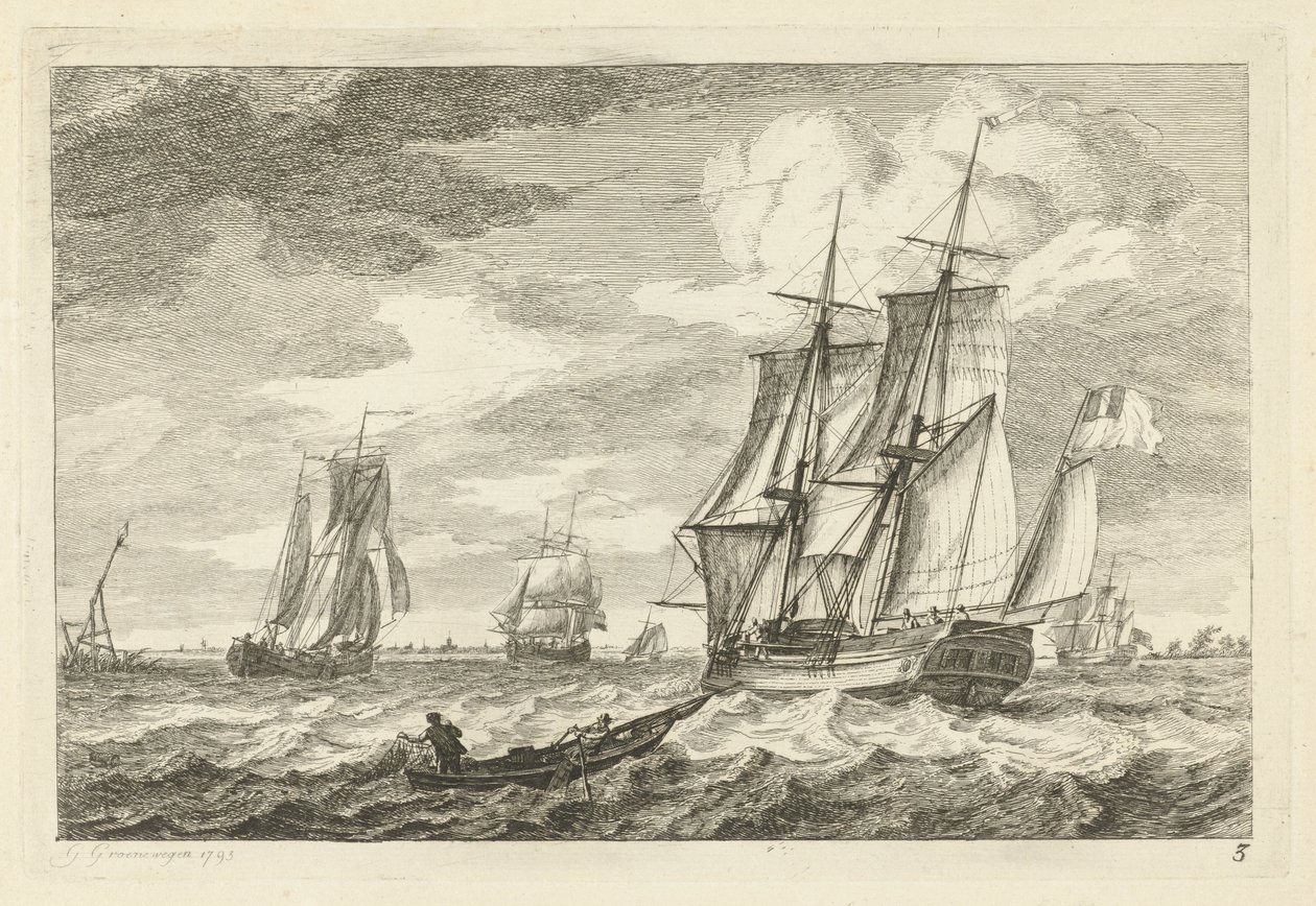 Brigg und andere Schiffe auf einem breiten Wasser von Gerrit Groenewegen