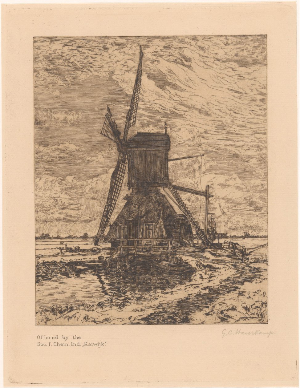 Mühle in einer flachen Landschaft von Gerrit Haverkamp (signed by artist)