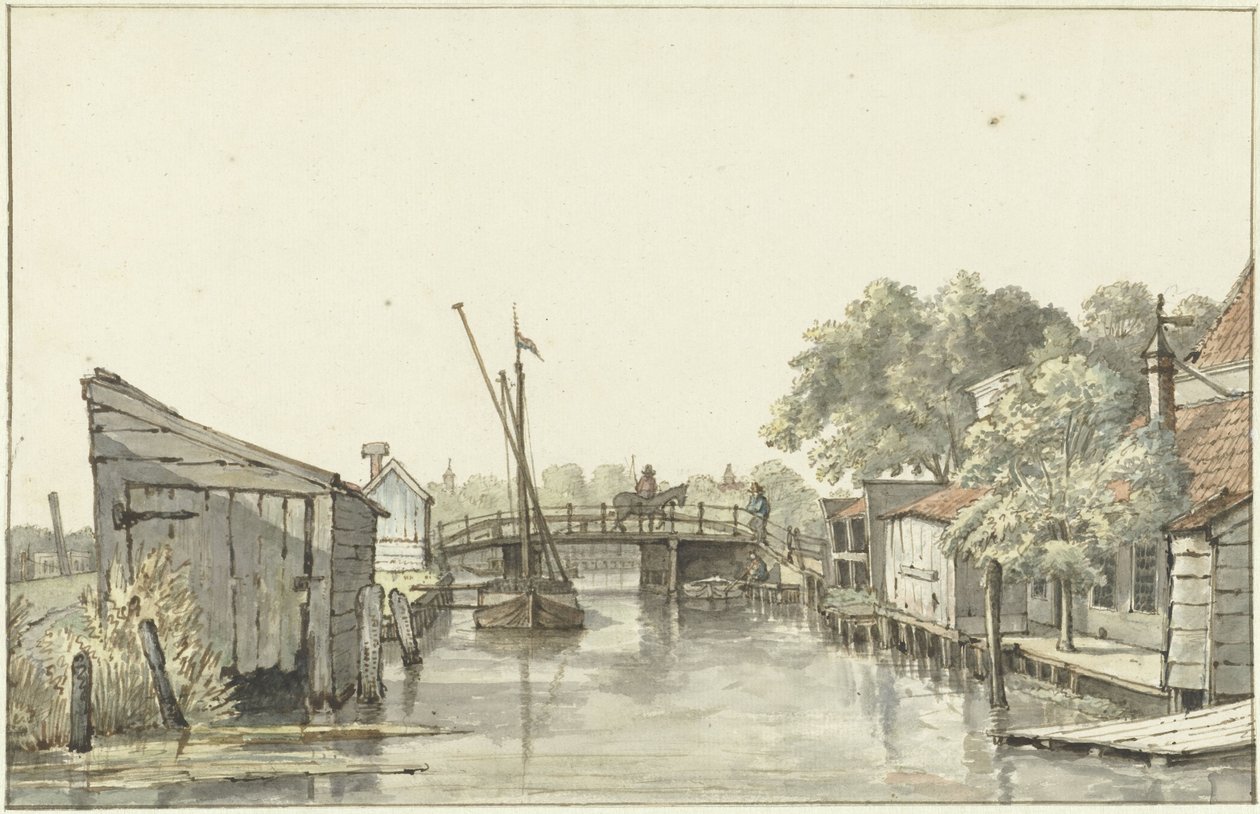 Ansicht des Ringdeichs auf die Schulpbrücke, Blick auf die Utrechter Seite der Amstel von Gerrit Lamberts