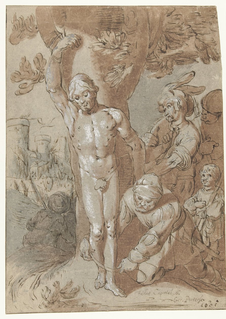 Achior wird an einen Baum gebunden von Gerrit Pietersz. Sweelink