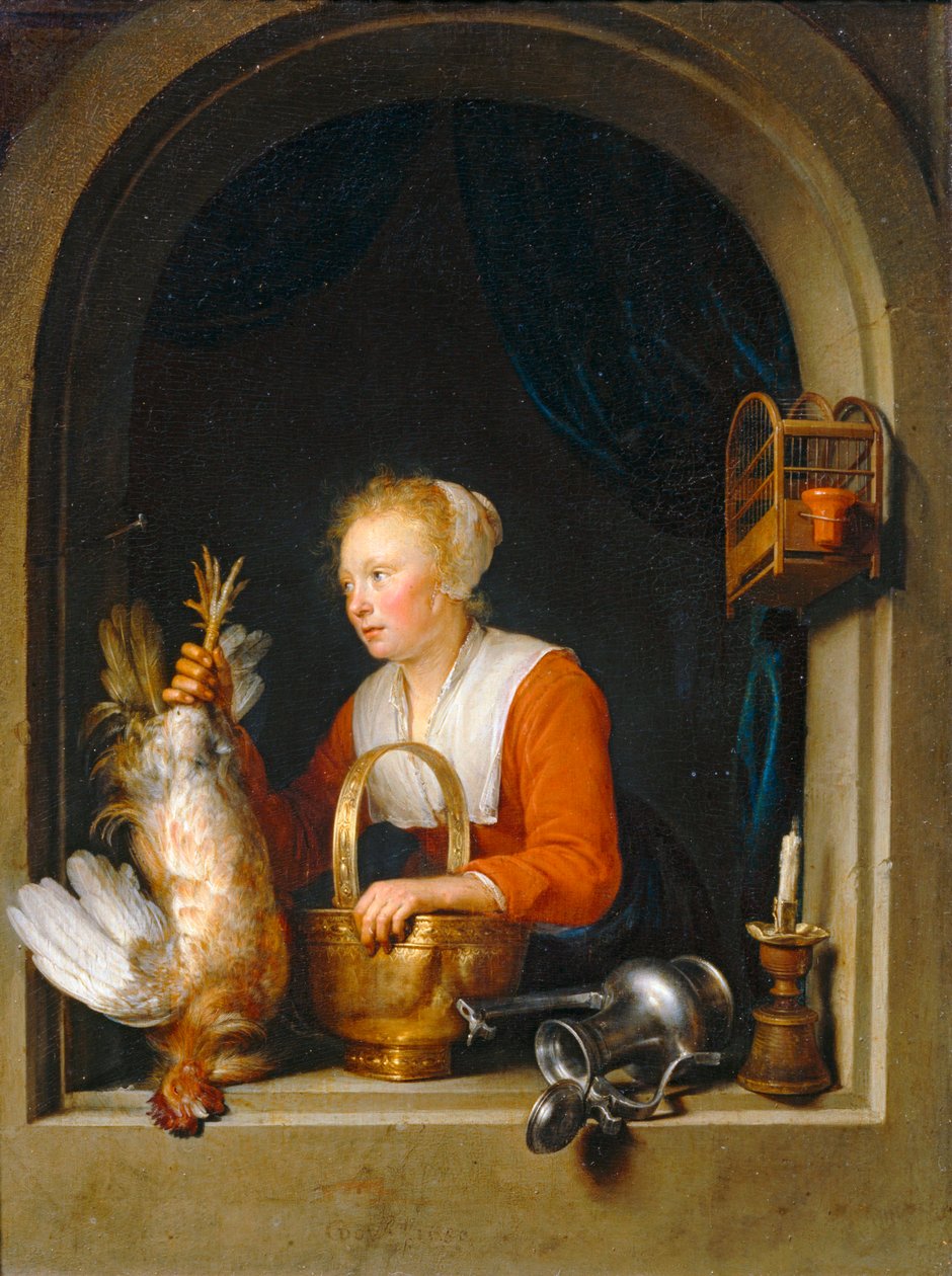 Frau hängt einen Hahn an ihr Fenster, auch genannt Die holländische Hausfrau von Gerrit or Gerard Dou