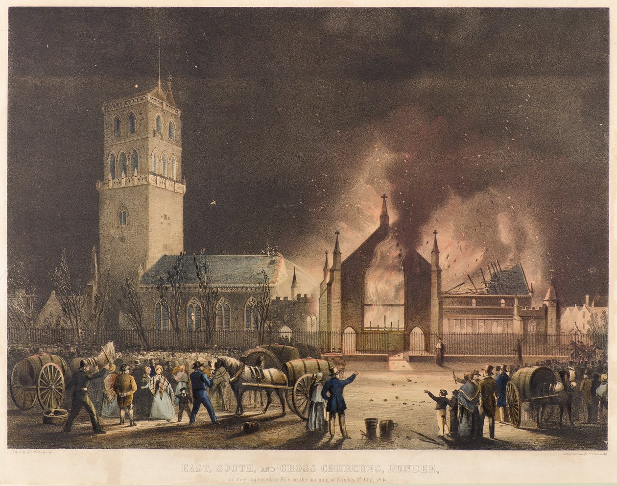Ost-, Süd- und Kreuzkirchen, Dundee, wie sie am Sonntag, dem 3. Januar 1841, in Flammen standen, ca. 1841 von Gershom Gourlay Cumming